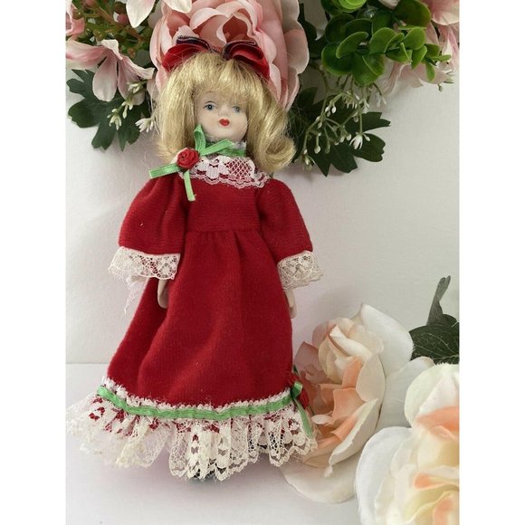 Vintage Porcelain‎ 8″ Doll with Long Red Dress Lace - Picture 10 of 12